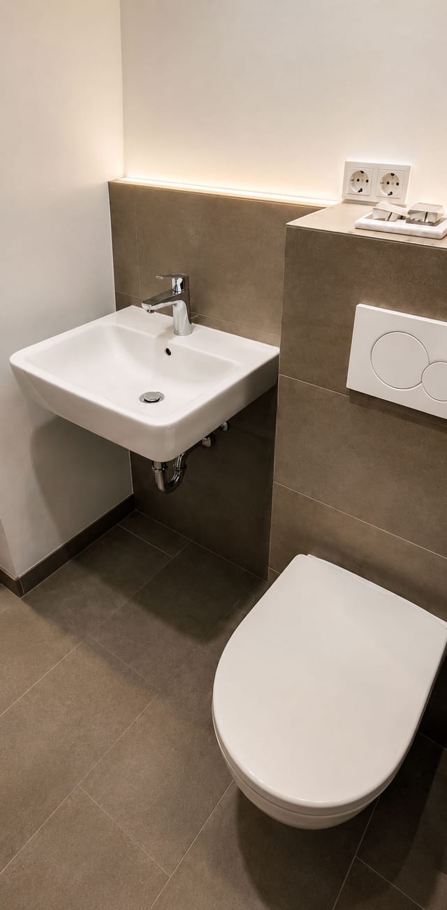 Neu gefliestes Bad mit Waschbecken und wandhängendem WC