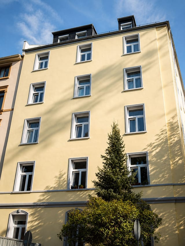 Gelb verputzte Altbaufassade mit hellen Fensterfaschen, davor eine Tanne