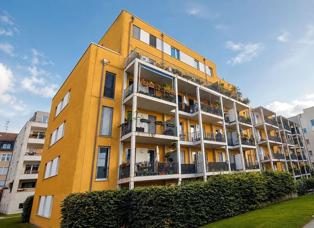 Modernes gelbes Mehrfamilien&shy;haus mit weißen Balkonen vor blauem Himmel