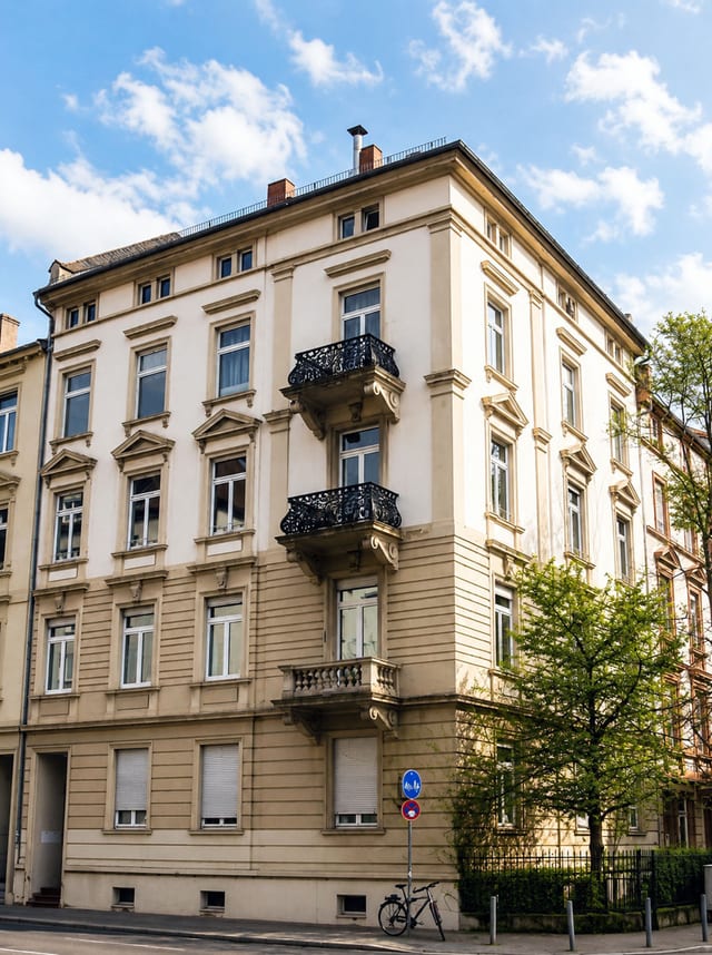 Helles Eckhaus mit Balkonen und Stuckfassade, davor Bäume und ein Fahrrad